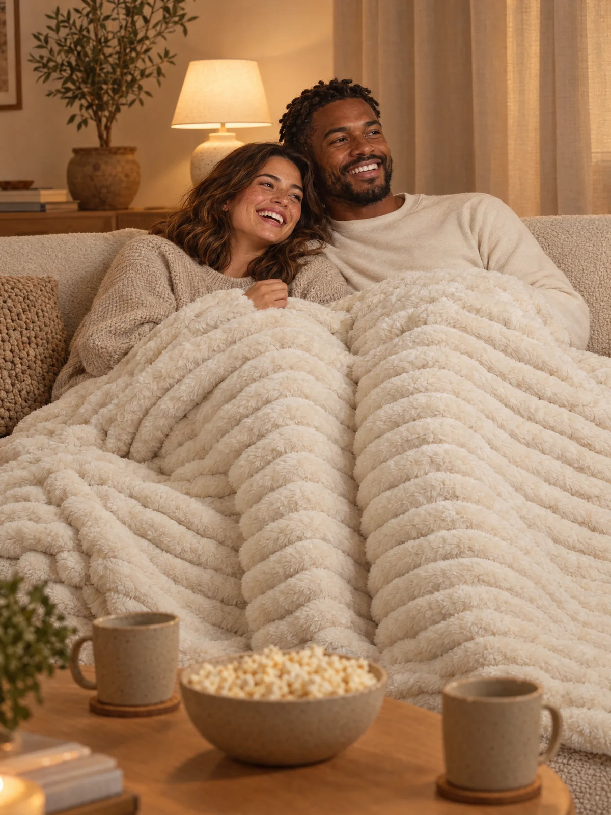 Couple under the Stretch Plush blanket on movie night