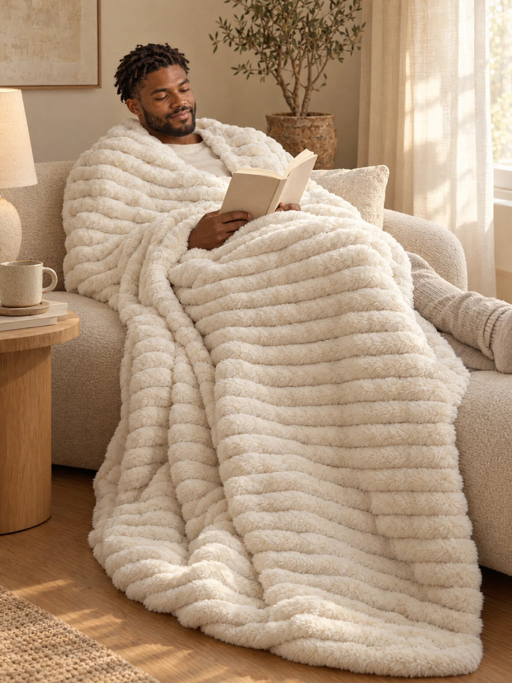 Man reading on the sofa under the Stretch Plush blanket